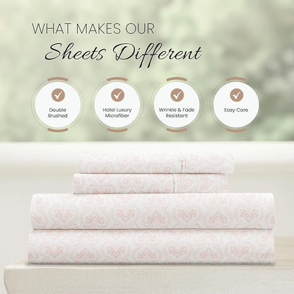 Linen Market Patterned Microfiber Queen Sheet Set 4 Piece – Oeko-TEX Certified Ultra Soft & Wrinkle-Free - 16" Deep Pocket Sheets - Easy Care Queen Size - Classic in Pink