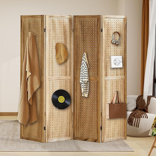 4 Panel Pegboard Display with 16 Hooks, Wooden Room Divider Wall and Folding Privacy Screens, Partition Room dividers, Pegboard Room Divider, Jewelry Store, Bedroom, Balcony, Light Brown
