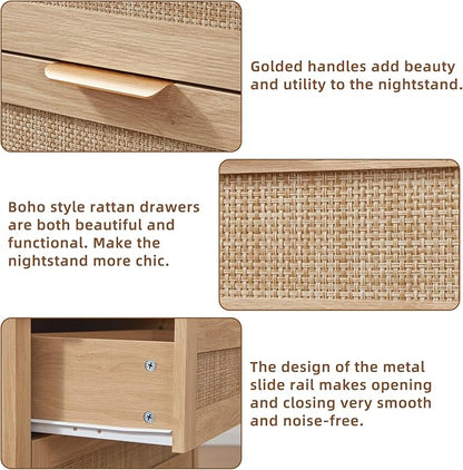LEYAOYAO 31.5" Wide Rattan Night Stand Set 2 with Charger Station, Oversized Large Boho Nightstand with 2 Drawer, Natural Wood Bed Side End Tables, Tall Bedside Table for Bedroom Living Room, Hallway