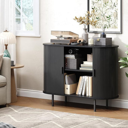 Buffet Cabinet with Storage, 40" Fluted Sideboard Buffet with Sliding Door, Coffee Bar Cabinet with Adjustable Shelf, Console Table, Accent Table for Entryway, Kitchen, Dining Room, Black