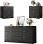 3-Piece Dresser Bedroom Set, 6 Drawer Dresser & 2 Drawer Nightstands with Gold Handles, Fluted Wood Chest of Drawers for Bedroom, Living Room, Entryway, Black