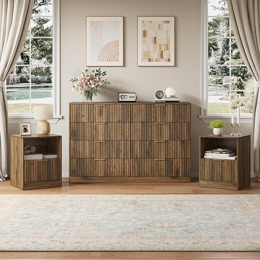 8 Drawer Dresser & Nightstand Set 3-Piece, 55” Wide Bedroom Dresser Set Night Stand Set of 2 with Metal Handle, Fluted Modern Wood Chest of Drawers Storage Dressers Set for Bedroom, Walnut