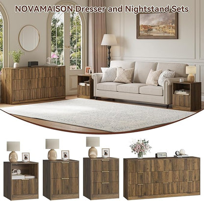 9 Drawer Dresser & Nightstand Set 3-Piece, 63” Wide Bedroom Dresser Set Night Stand Set of 2 with Metal Handle, Fluted Modern Wood Chest of Drawers Storage Dressers Set for Bedroom, Walnut