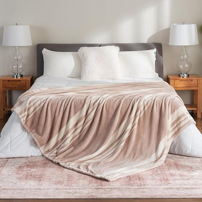 Berkshire Blanket-Classic Heavyweight Warm Soft Printed VelvetLoft® Plush Blanket, King Size Soft Fuzzy Blanket for Couch Sofa Bed, Stripe Cream, 90in x 108in