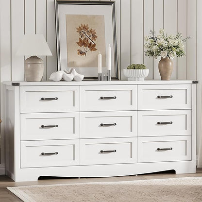 Dresser for Bedroom with 9 Drawers, 63" Wide Wood Chest of Drawers with Deep Drawers & Mental Handle, Modern Dresser TV Stand, Wooden Closet Storage Organizer for Living Room, Hallway, Entryway, White