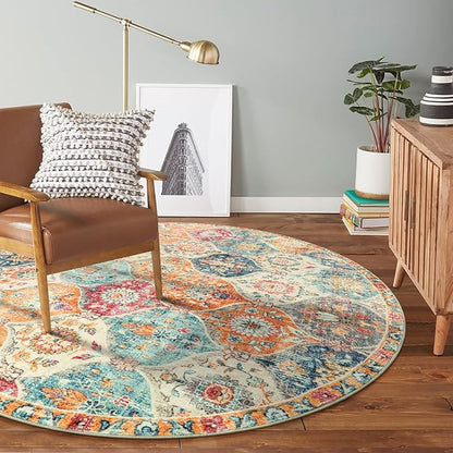 Lahome Moroccan Trellis Washable Round Area Rug, Round Rug 5ft Soft Non-Slip, Non-Shedding Distressed Circle Carpet for Bedroom Living Room Bathroom Nursery Kitchen, Cream/Multi