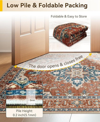 Area Rugs Round 8ft Washable Non-Slip, Floral Vintage Distress Print Pattern Medallion Carpet for Living Room Bedroom Dining Room, Red Orange Blue Brown