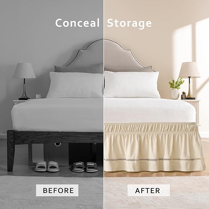 MIYE Wrap Around Ruffled Lace Bed Skirt, Elastic Dust Ruffle with Adjustable Belts, Easy to Put On, Bed Frame Cover, Machine Washable (Ruffled Lace/Light Beige, King/Queen-18 Drop)