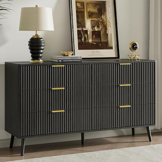 LYNSOM 55" Wide Fluted Dresser for Bedroom with 6 Drawer, Modern Chest of Drawers with Curved Profile Design and Metal Handles, Wood Dresser TV Stand & Storage Organizer for Living Room, Black