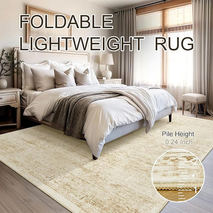 Washable Area Rug 10x14, Large Soft Rugs for Living Room Vintage Beige Rug 10x14 Area Rugs for Bedroom Dining Room Floral Non-Slip Thin Rug