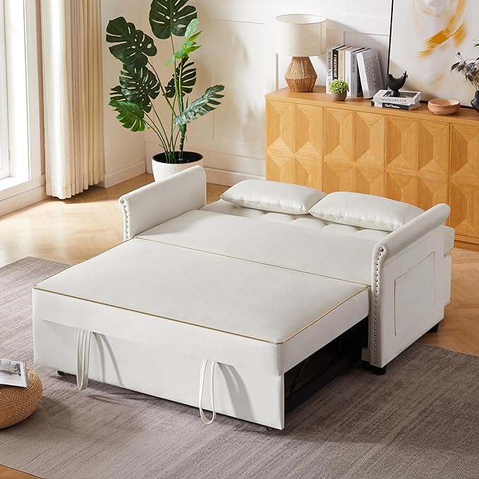 57" Velvet Pull-Out Sofa Bed, 3-in-1 Convertible Loveseat with Gold Trim Strips and Adjustable Backrest, Perfect for Living Rooms, Offices and Apartments (Beige)