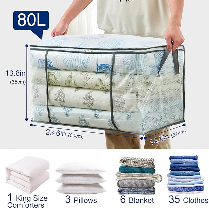 80L Clear Large Storage Bag, Clothes Storage Containers for Organizing Closet, Bedroom, Underbed, Comforters, Clothing, Blankets, Pillow, Foldable Organizer with Sturdy Handle and Zippers (3)