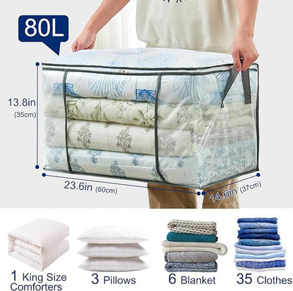 80L Clear Large Storage Bag, Clothes Storage Containers for Organizing Closet, Bedroom, Underbed, Comforters, Clothing, Blankets, Pillow, Foldable Organizer with Sturdy Handle and Zippers (8)