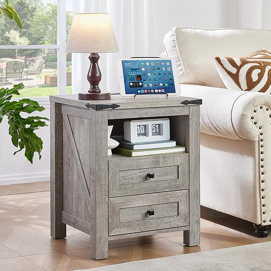 Joaxswe Nightstand with Charging Station and USB Port, Farmhouse Night Stand with 2 Drawers and Shelf Storage, Wooden Side End Table, Bedside Cabinet for Bedroom, Living Room, Closet,Office (Grey)