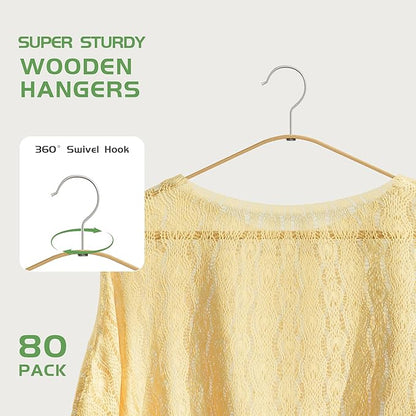 Bamboo Wood Hangers 20 Packs, Coat Hangers, Clothes Hangers with 360-Degree Rotatable Hook, Heavy Duty, Non Slip Suit Hangers for Clothes, Jacket, Shirt, Tank Top, Pant (Bamboo, 80 PCS)