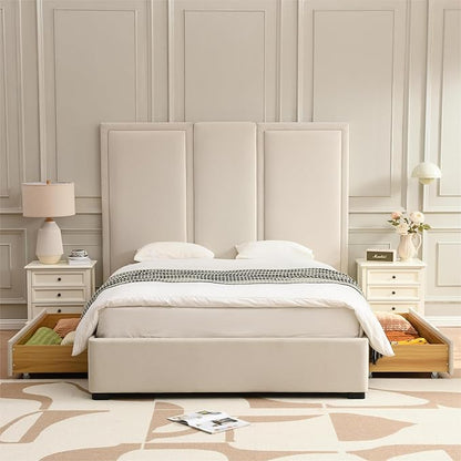YUHUASHI Queen Size Bed Frame with 64-inch High Headboard, Simple and Airy Linen Upholstered Platform Bed with Storage Drawers, Wood Slat, No Noise (Beige, Queen)