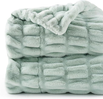 BATTILO HOME Luxury Faux Fur Throw Blanket for Couch, Super Soft Warm Cozy Plush Mink Blanket, Double Side Ruched Rabbit Fur Blanket for Bed, Sofa, Chair, 50"x60", Sage Green