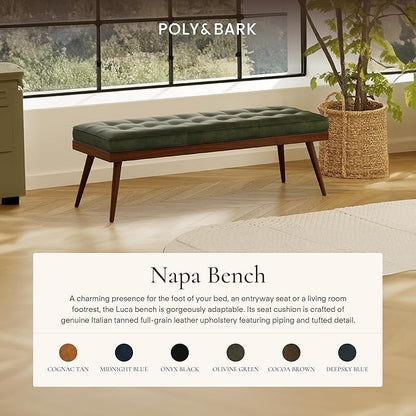 POLY & BARK 55" Tufted Leather Bed Bench for Bedroom End of Bed - Living Room Entry Way Bench - Pure Italian Leather Upholstery with a Solid Wood Frame - Ottoman Bench with Wooden Legs - Olivine Green