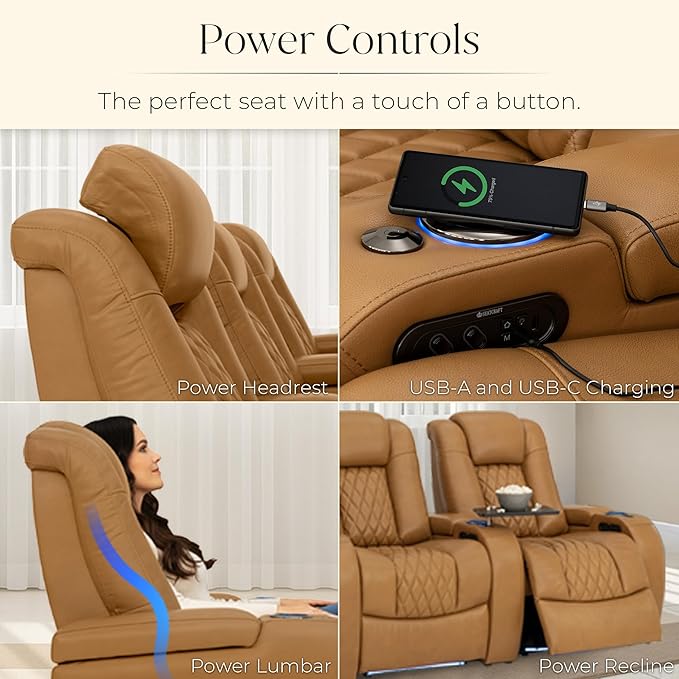 Seatcraft Diamante Zero-Gravity CoolZero Italian Leather Home Theater Seating, Power Headrest, Power Recline, Row of 2, Tan Oak
