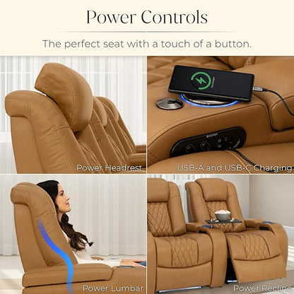 Seatcraft Diamante Zero-Gravity CoolZero Italian Leather Home Theater Seating, Power Headrest, Power Recline, Row of 3 Left Loveseat, Tan Oak