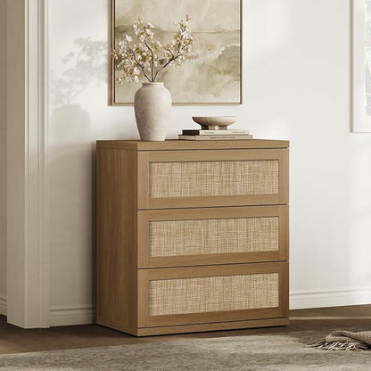 SICOTAS Dresser for Bedroom - 31" Tall Rattan Dresser with 3 Drawers Boho Dressers & Chests of Drawers Dressers for Bedroom Deep Bedside Table Clothes Closet Storage for Closet Hallway Entryway