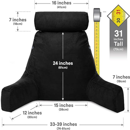 Husband Pillow XXL Aspen Edition, Adult Reading Sit Up Bed Rest Pillow for Bed with Arms & Neck Roll on Bungee Cord - Premium Memory Foam - Reversible 2 Sided Cover Micro Suede or Plush, Stable Black