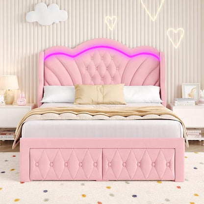 Keyluv Queen Bed Frame with LED Lights and 2 Storage Drawers, Velvet Upholstered Platform with 47" Tall Arc-Shaped Wingback Headboard and Button Tufted Design, No Box Spring Needed, Noise-Free, Pink