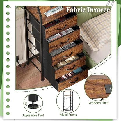 Furnulem 5 Drawers Dresser with Charging Station, Tall Night Stand with Storage Shelf, Fabric Chest of Drawers, Bedside Table for Closet, Entryway, Bedroom Furniture, 3 Ways to Use, Rustic Brown