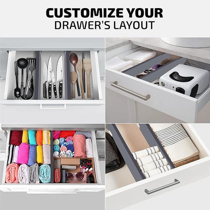 Bambüsi 4 Pack Drawer Dividers - 2.6" High, 16-22" Adjustable Bamboo Drawer Organizers for Clothes, Expandable Dresser Separators in Bedroom/Bathroom/Kitchen/Office Organization and Storage (Grey)