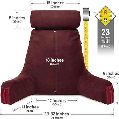 Husband Pillow Medium Aspen Edition Arizona Maroon, Sit Up Reading & Bed Rest with Arms, Ultra-Comfy, Detach Neck Roll - Premium Shredded Memory Foam Backrest, Reverses to Micro: Suede or Plush