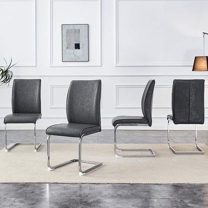 Dining Chairs Set of 4,Faux Leather Dining Chairs,Upholstered Kitchen Chairs with High Back,Modern Armless Side Chairs with Sturdy Chrome Plated Metal Legs for Living Room(Grey,4)