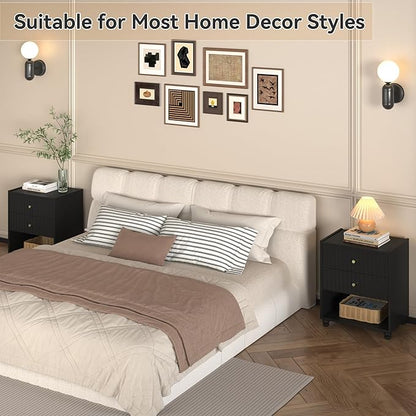 Modern Nightstand, Fluted End Table with 2 Drawers, Nightstand with Open Shelf for Bedroom (1, Black)