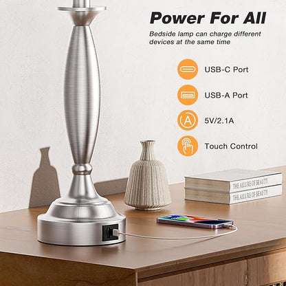 Seealle Lamps for Bedrooms Set of 2 - Touch Bedside Lamp with USB C+A, 3 Way Dimmable Nightstand Lamps with USB Port, Wood Table Lamp for Living Room Guest Room Bed Side End Table(Bulbs Included)