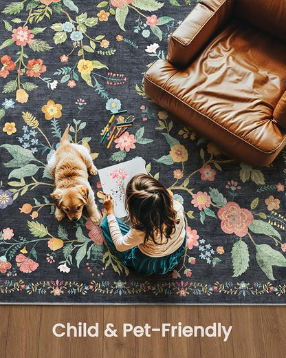 Amada 3x5 Washable Area Rugs, Non-Slip & Low-Profile Entryway Rug with Reinforced Edge Binding, Boho Floral Pattern, Soft Washable Rug for Bedroom, Entryway & Home Office