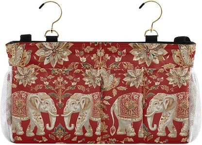 Bedside Caddy Hanging Bunk Bed Caddy Bed Organizer Hanging Pocket with 2 Hooks Bedside Storage Organizer Pocket Bag Holder Red Retro Elephant Flowers