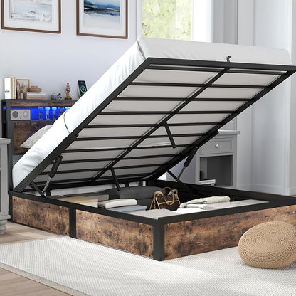 Full Size Lift Up Storage Bed Frame with Charging Station, 2 Tier Wood Storage Headboard with Led Lights, Heavy Duty Metal Slats Support/Hydraulic Storage/Noise-Free/Brown