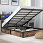 Full Size Lift Up Storage Bed Frame with Charging Station, 2 Tier Wood Storage Headboard with Led Lights, Heavy Duty Metal Slats Support/Hydraulic Storage/Noise-Free/Brown