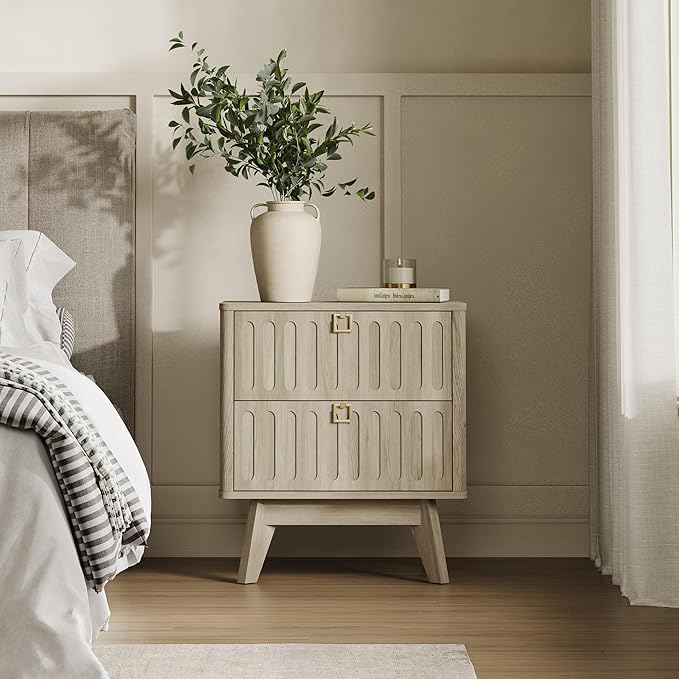 SICOTAS Modern Fluted Nightstand with 2 Drawers, 21" Wide Wood Bedside Table with Gold Handle, Mid-Century End Table for Bedroom, Apartment