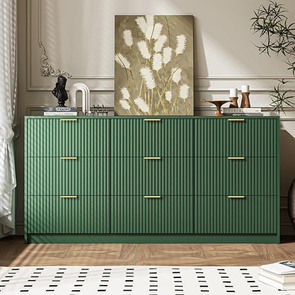 Green 9 Drawer Dresser for Bedroom, 63" Wide Modern Fluted Dresser with Gold Metal Handles, Chest of Drawers for Bedroom, Living Room, Entryway, Hallway