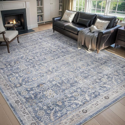 MontVoo-Vintage Area Rugs 8X10 Blue Rugs for Living Room-Soft Distressed Printed Rugs for Bedroom-Non Slip Carpet-Machine Washable Rug for Dining Room Living Room Bedside Office