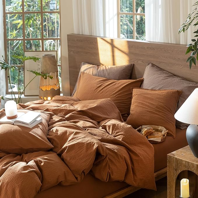 MooMee Wavy Striped Duvet Cover Set 100% Washed Cotton Linen Like Textured Breathable Durable Soft Comfy (Dark Orange, King 104"x90")