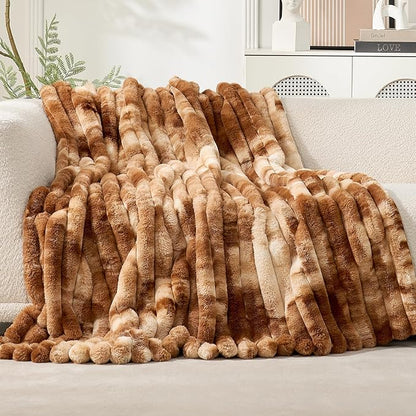 Cozy Bliss Faux Fur Throw Blanket for Couch, Cozy Warm Plush Striped Blanket for Sofa Bedroom Living Room, 50 * 60 Inches Tie-dye Brown