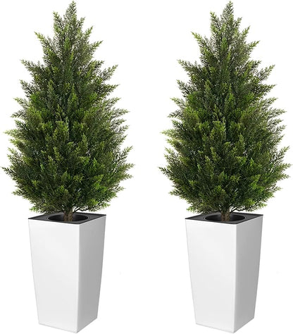 4FT Tall 2 Set Artificial Topiary Cedar Tree, Indoor Realistic Faux Cypress Plants with Square Flowerpot, Outdoor Evergreen Fake Shrubs for Home Living Room Front Porch Decor
