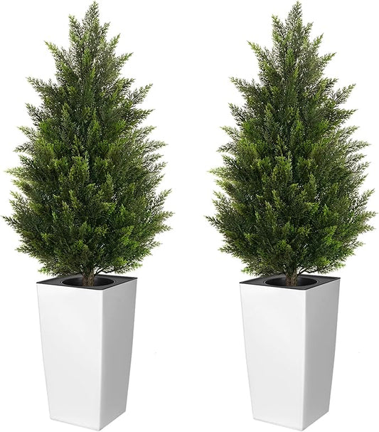 4FT Tall 2 Set Artificial Topiary Cedar Tree, Indoor Realistic Faux Cypress Plants with Square Flowerpot, Outdoor Evergreen Fake Shrubs for Home Living Room Front Porch Decor