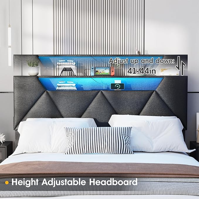 Vabches Full Bed Frame with Storage Headboard and 4 Drawers,Upholstered Platform with Charging Station and Led Lights,Adjustable Headboard with Pu Leather,No Box Spring Needed,Black