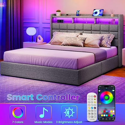 Lift Up King Size Bed Frame with Storage, Upholstered King Bed Frame with Charging Station and LED Lights Headboard, No Box Spring Needed, Easy Assembly - Light Grey