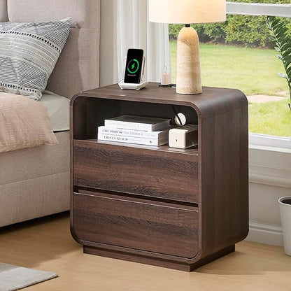 Curved Nightstand Set of 2 with Charging Station, 23.2" Wide Wood Bedside Table 2 Storage Drawers, Modern Side Table Handleless End Table, Walnut Night Stand for Bedroom, Office