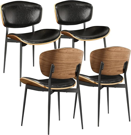 Art Leon Dining Chairs Set of 4, Walnut Bentwood, Mid Century Modern Dining Room Chairs, Faux Leather Upholstered Desk Chair with Black Metal Legs, Black