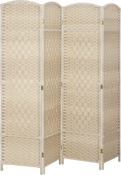 HOMCOM 4 Panel Room Divider, 6' Tall Folding Privacy Screen, Hand-Woven Freestanding Wall Partition for Home Office, Bedroom, Washed Oak