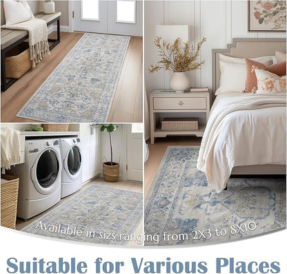 jinchan Hallway Runner Rug 3x8 Machine Washable - Vintage Floral Non-Slip Low-Pile Soft Ultra-Thin Faux Wool Kitchen Rug Distressed Carpet Runner for Farmhouse Bedroom Laundry Room (3x8ft, Blue)